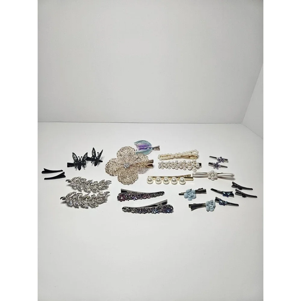 Vintage Hair Barrettes Clips Lot 21pc Huge Rhinestone Pearl Butterfly Floral Set